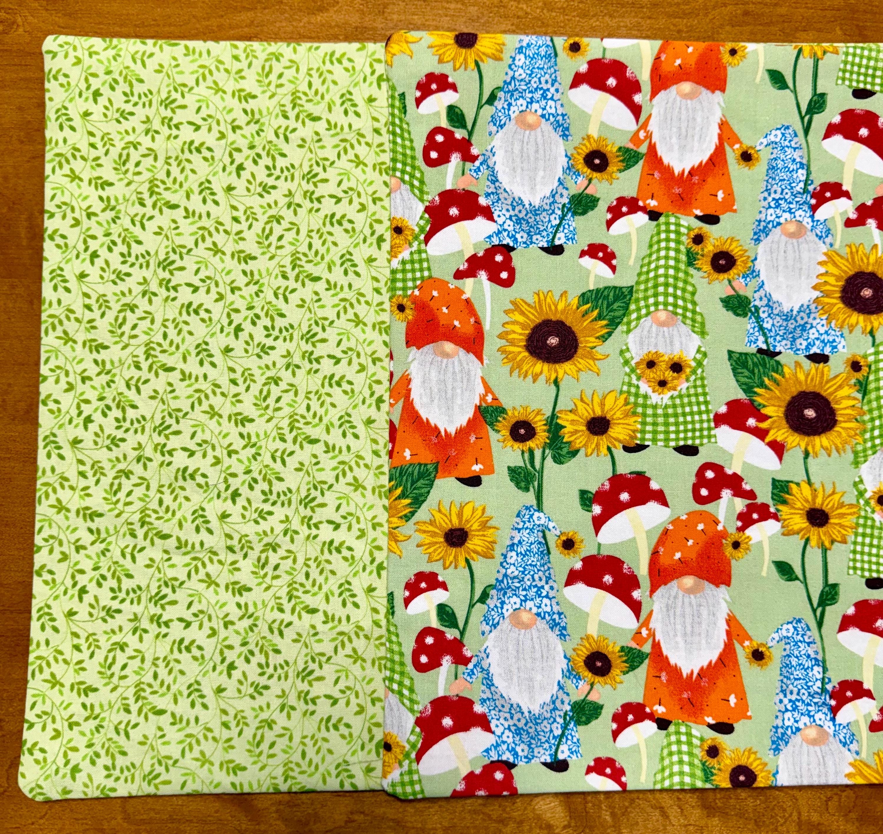 Set of Four Reversible Fabric Placemats / Spring Garden Gnomes & Small Leaf Pattern