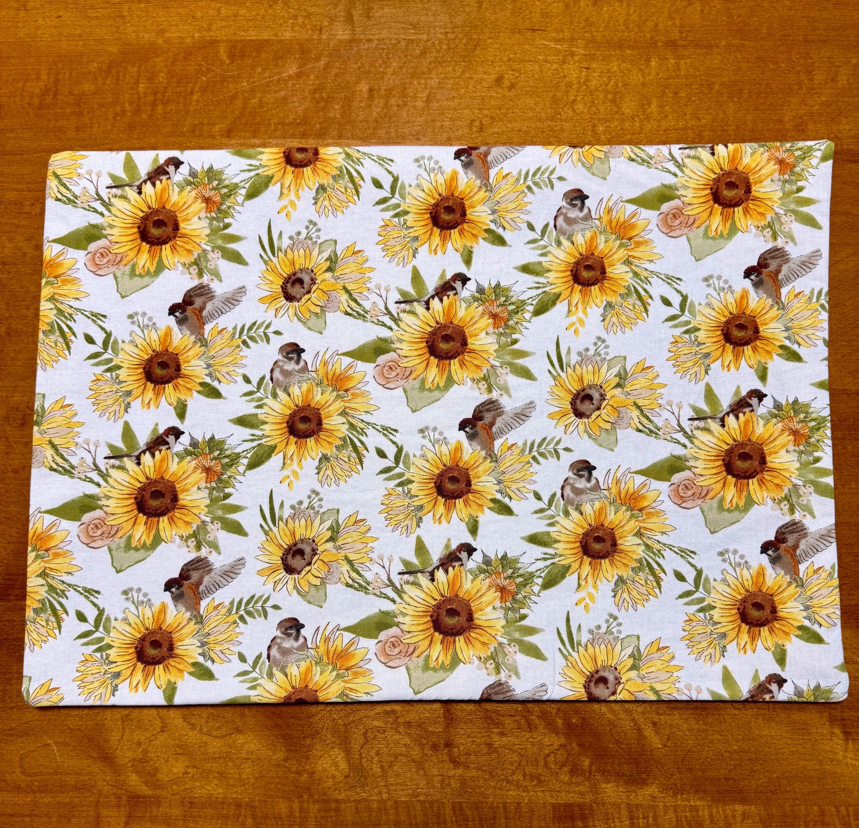 Set of Four Reversible Fabric Placemats / Birds & Sunflowers / Bumblebees
