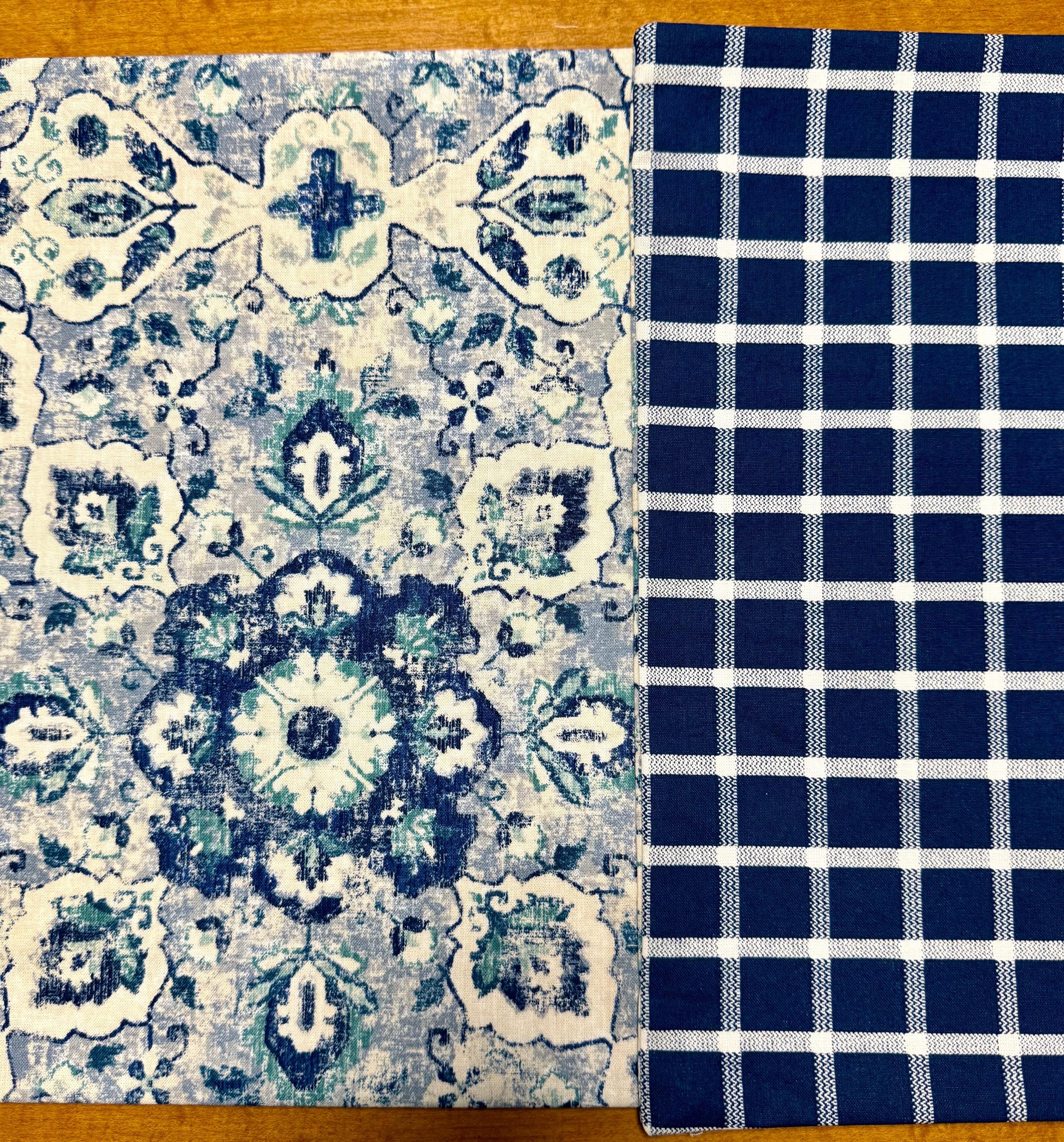 Set of Four Reversible Place Mats / Persian Geometric Florals / Navy Checkered Grid