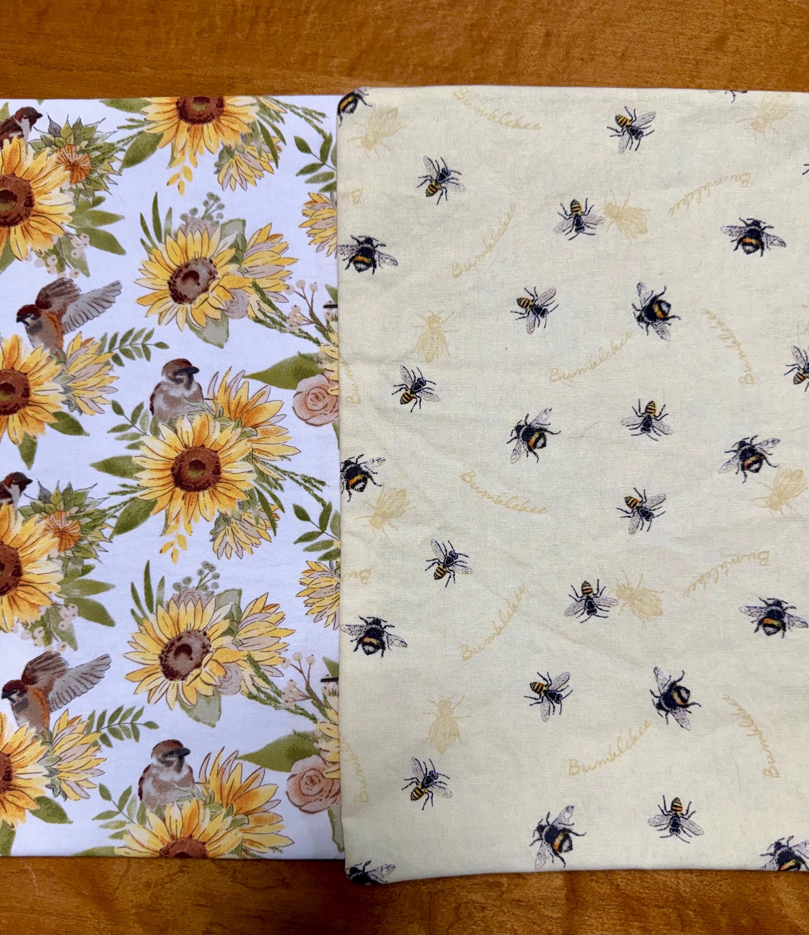 Set of Four Reversible Fabric Placemats / Birds & Sunflowers / Bumblebees