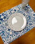Set of Four Reversible Place Mats / Persian Geometric Florals / Navy Checkered Grid