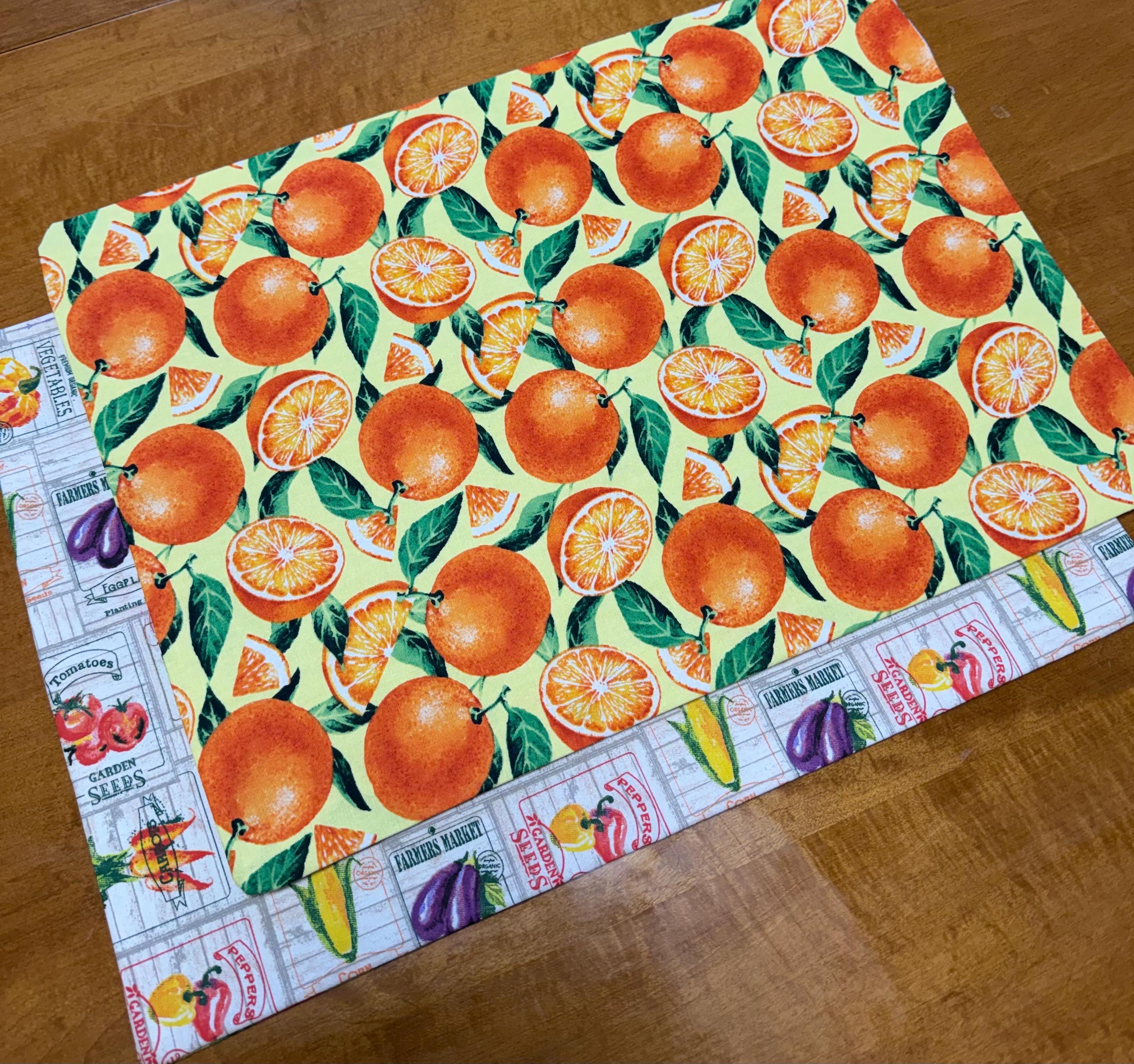 Set of 4 Spring Garden Theme Reversible Placemats, Vegetables & Oranges
