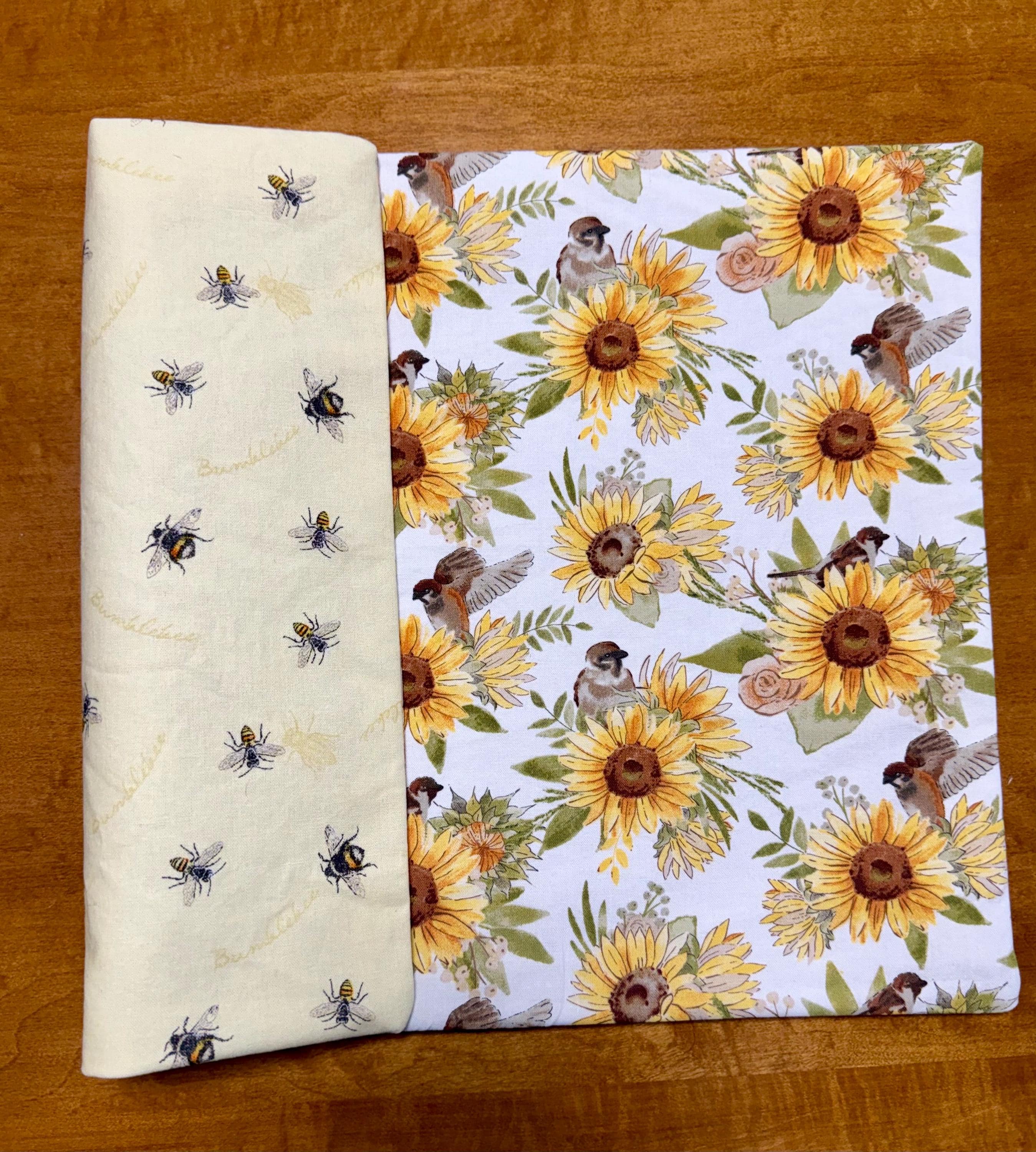 Set of Four Reversible Fabric Placemats / Birds & Sunflowers / Bumblebees