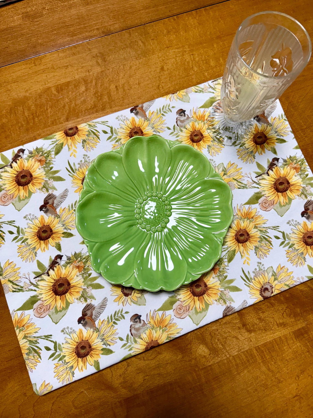 Set of Four Reversible Fabric Placemats / Birds & Sunflowers / Bumblebees