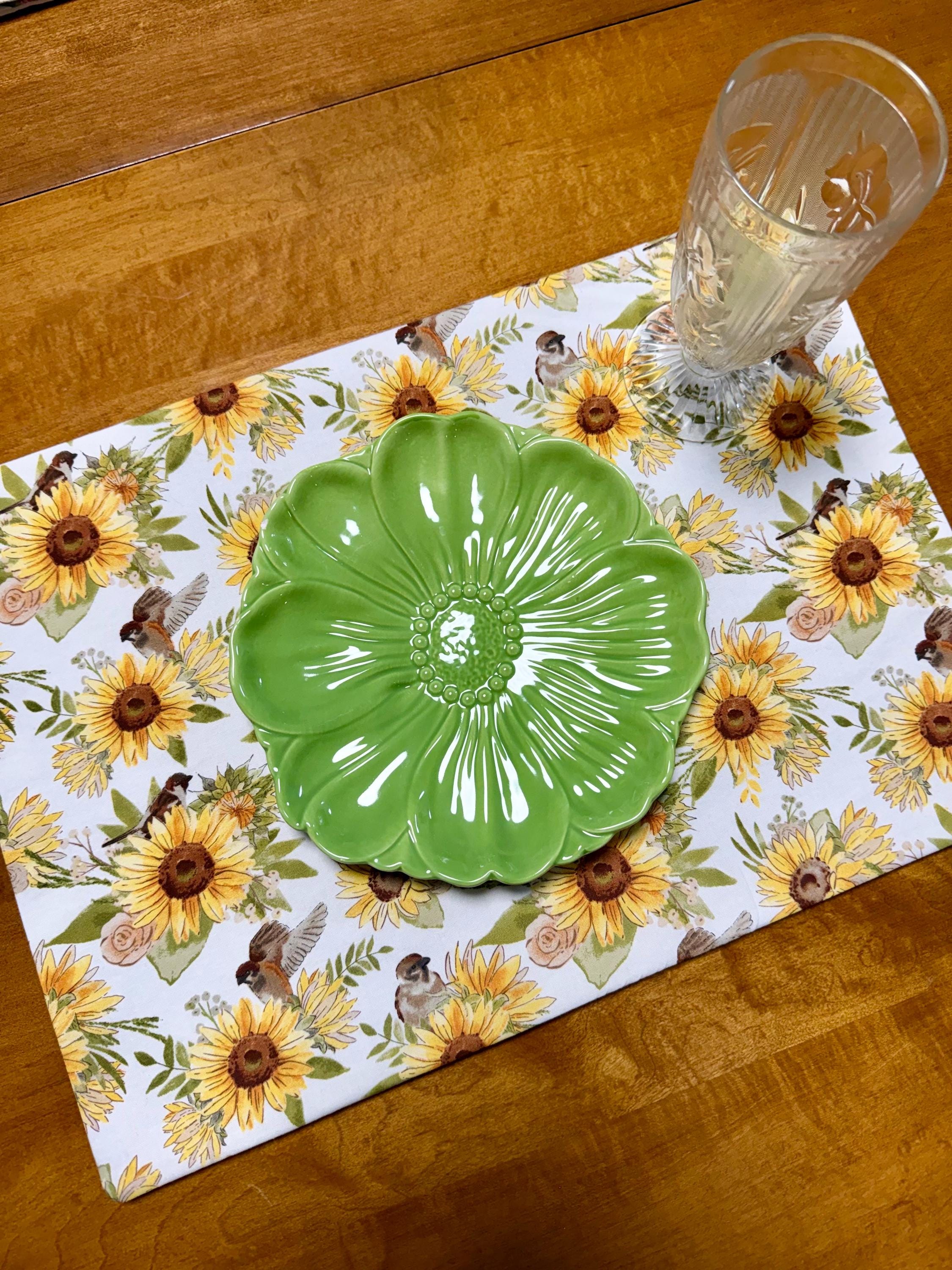 Set of Four Reversible Fabric Placemats / Birds & Sunflowers / Bumblebees