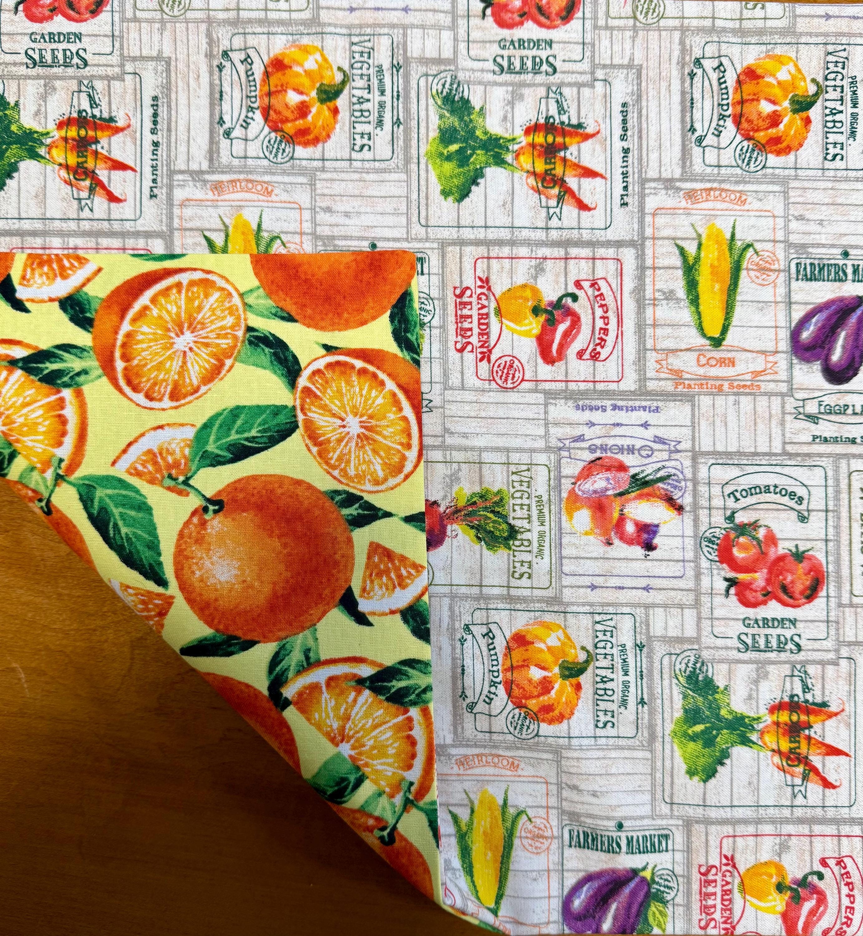 Set of 4 Spring Garden Theme Reversible Placemats, Vegetables & Oranges