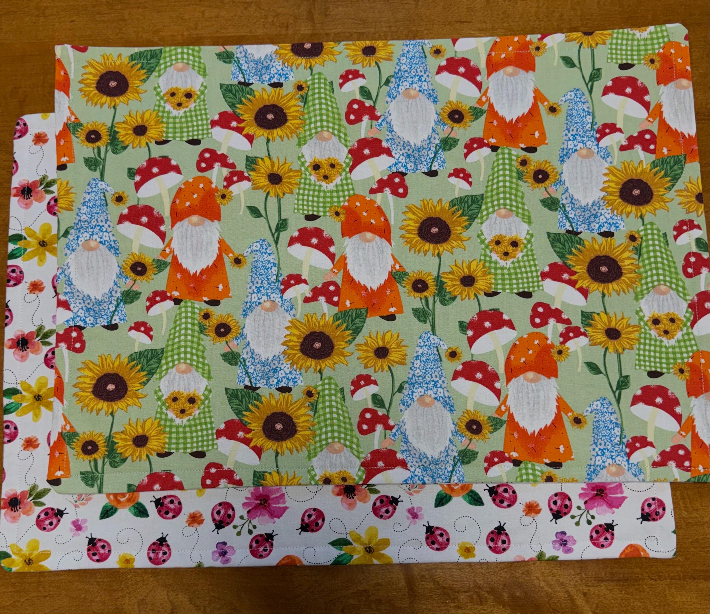 Set of Spring Reversible Placemats • Gnome & Ladybug Table Decor • Easter Kitchen Decor • Cute Spring Table Mats • Handmade Dining Set