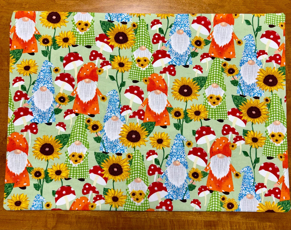 Set of Four Reversible Fabric Placemats / Spring Garden Gnomes & Small Leaf Pattern