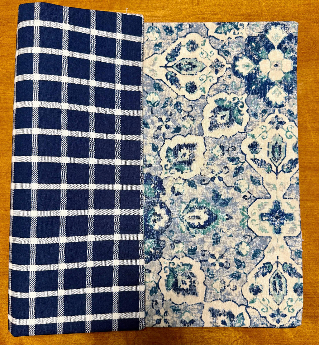 Set of Four Reversible Place Mats / Persian Geometric Florals / Navy Checkered Grid