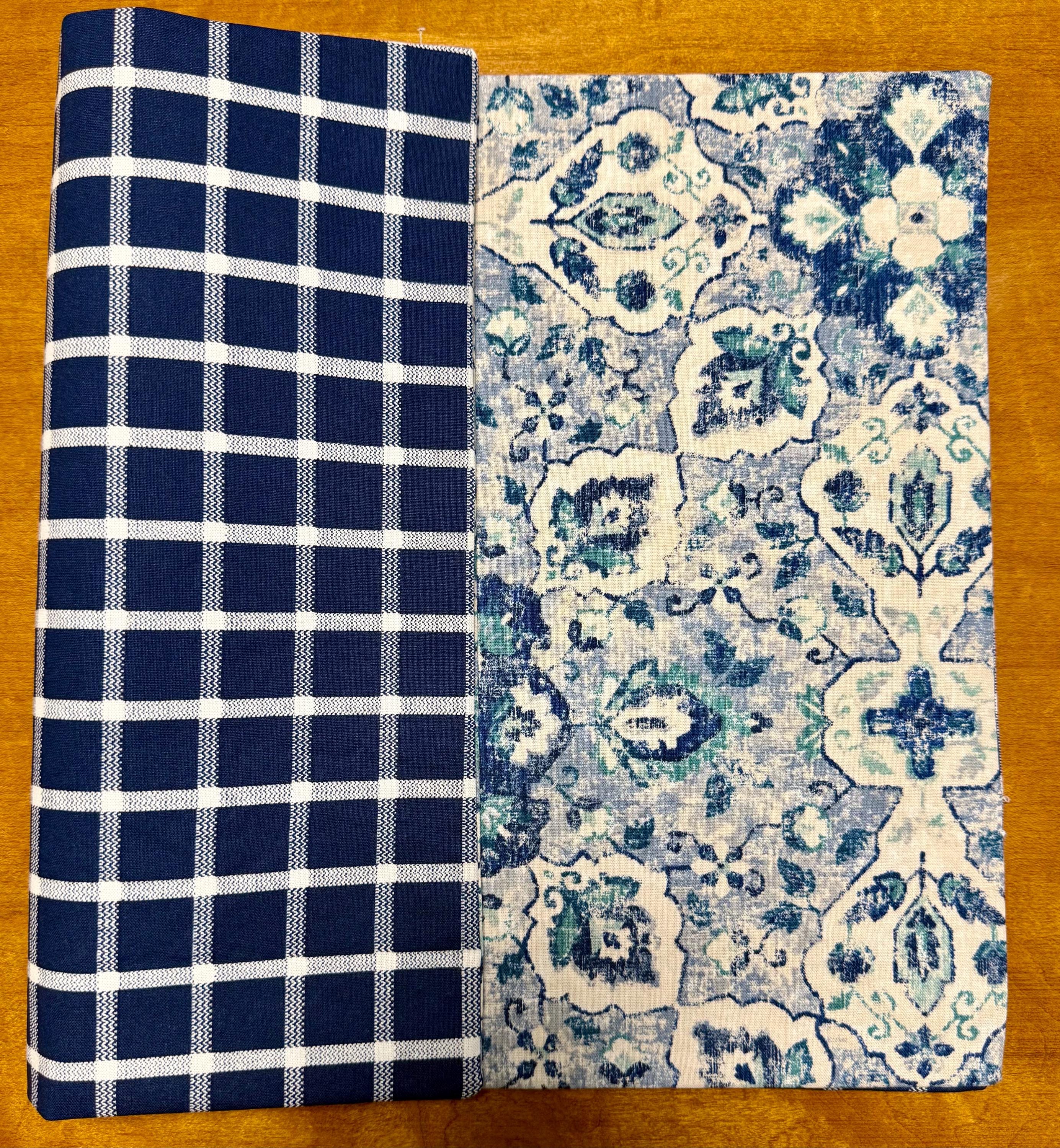 Set of Four Reversible Place Mats / Persian Geometric Florals / Navy Checkered Grid