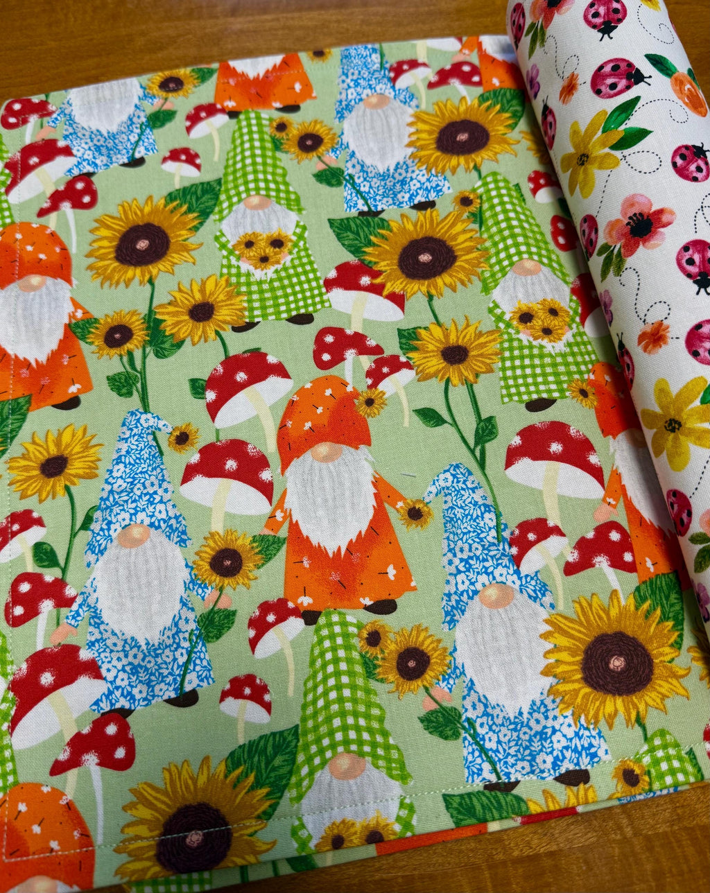 Set of Spring Reversible Placemats • Gnome & Ladybug Table Decor • Easter Kitchen Decor • Cute Spring Table Mats • Handmade Dining Set