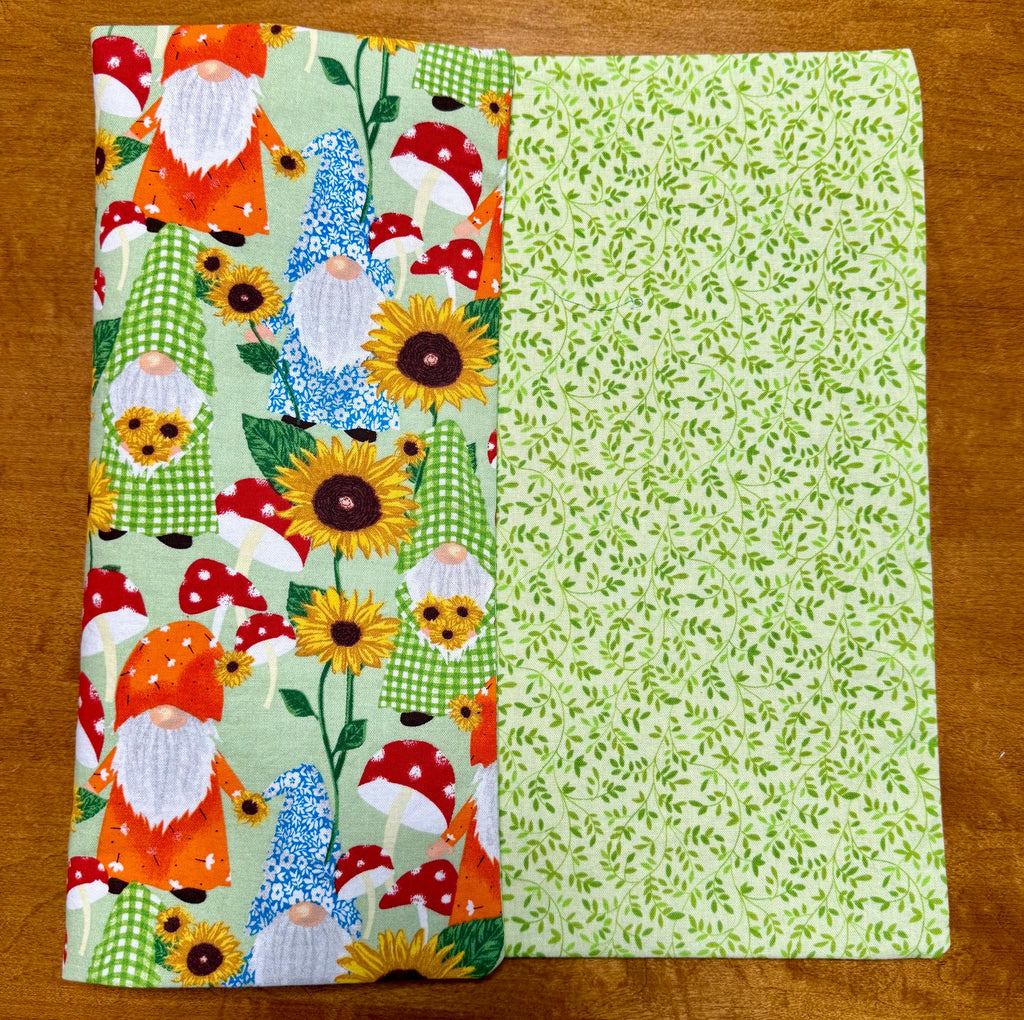 Set of Four Reversible Fabric Placemats / Spring Garden Gnomes & Small Leaf Pattern