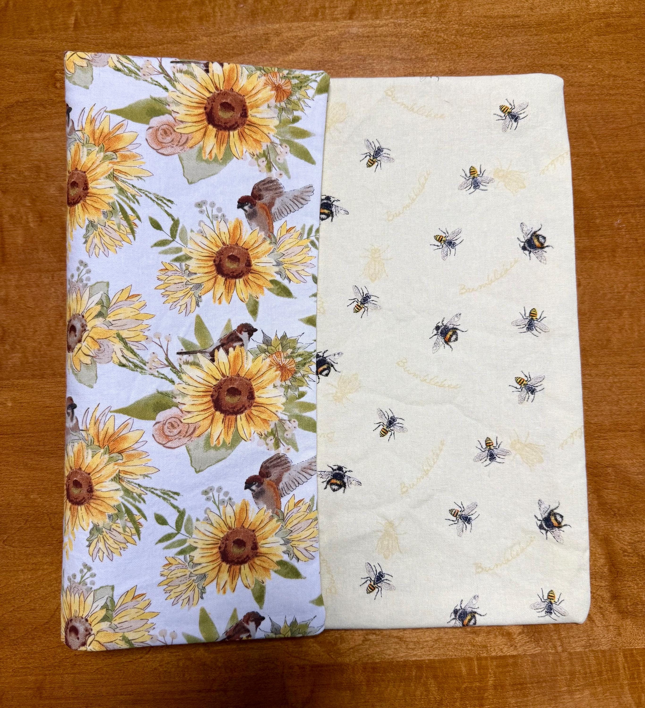 Set of Four Reversible Fabric Placemats / Birds & Sunflowers / Bumblebees