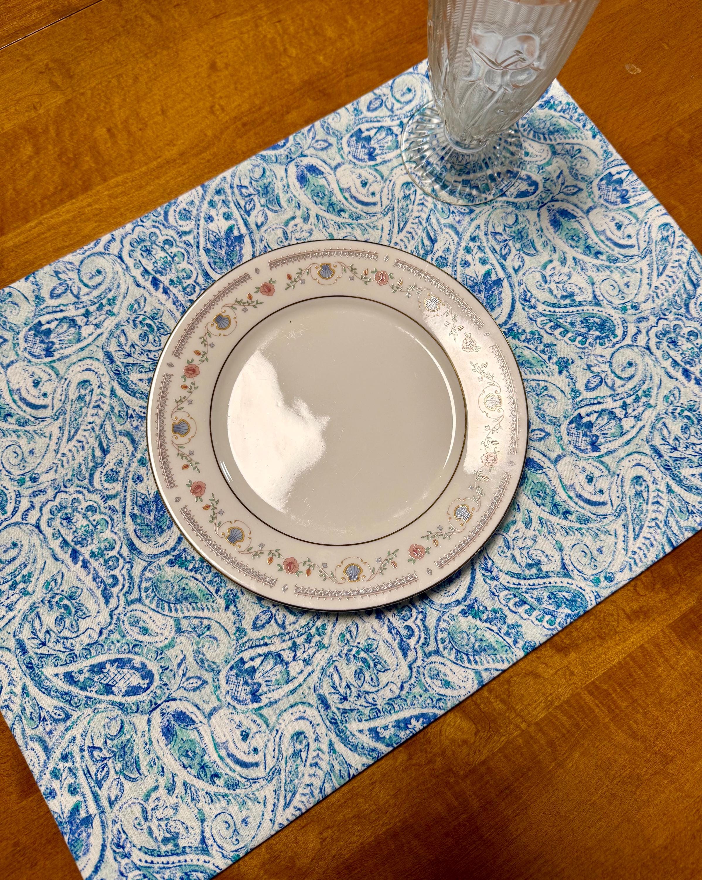 Set of Four Reversible Place Mats / Blue Paisley & Small Florals