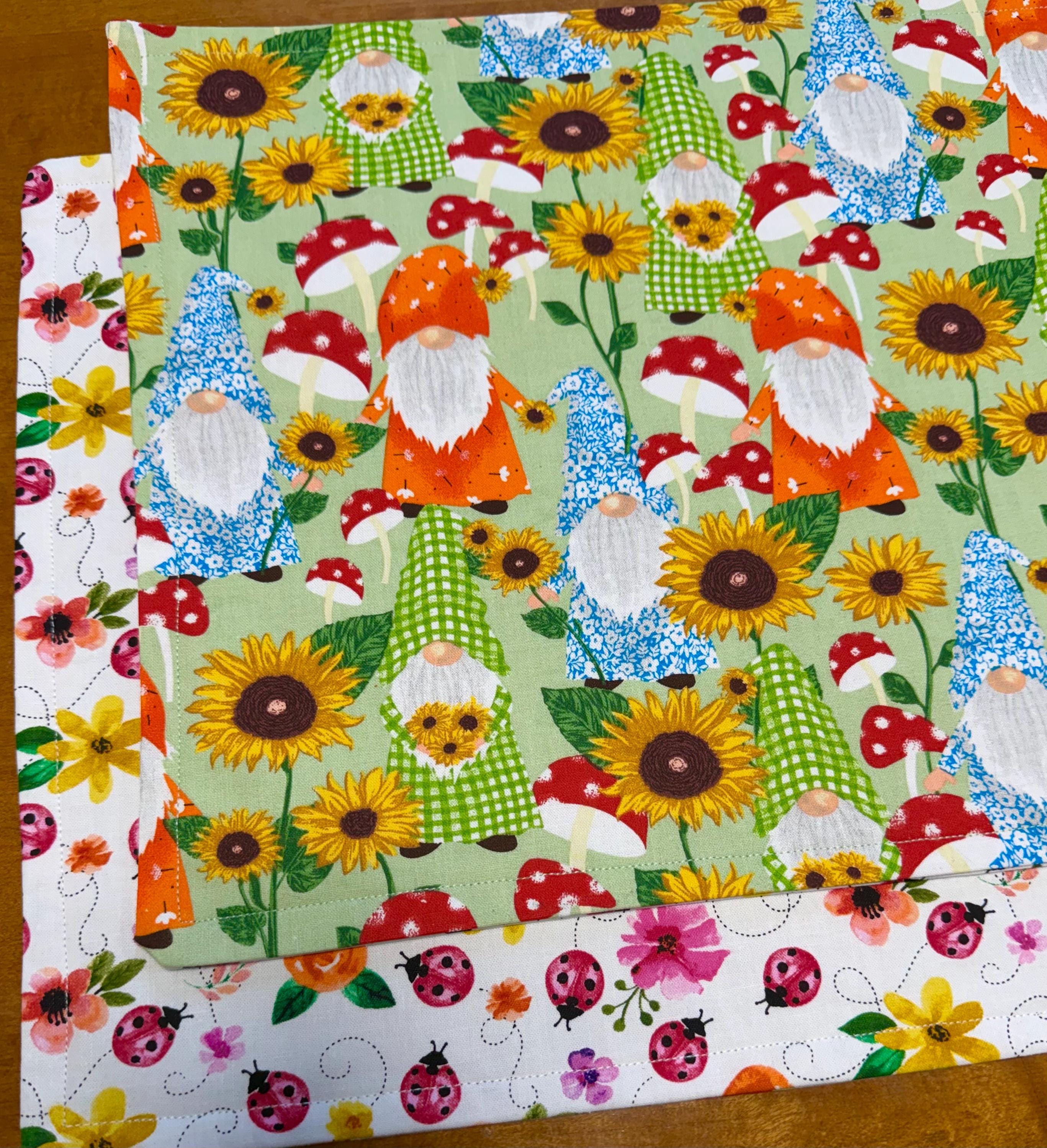 Set of Spring Reversible Placemats • Gnome & Ladybug Table Decor • Easter Kitchen Decor • Cute Spring Table Mats • Handmade Dining Set