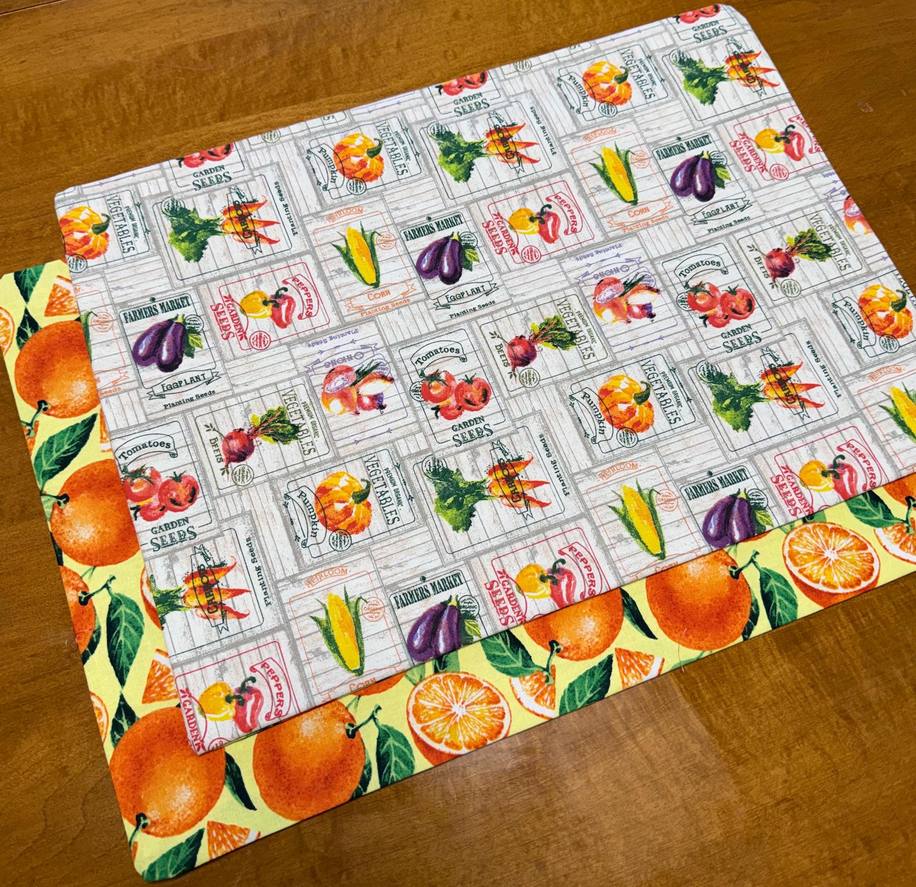 Set of 4 Spring Garden Theme Reversible Placemats, Vegetables & Oranges