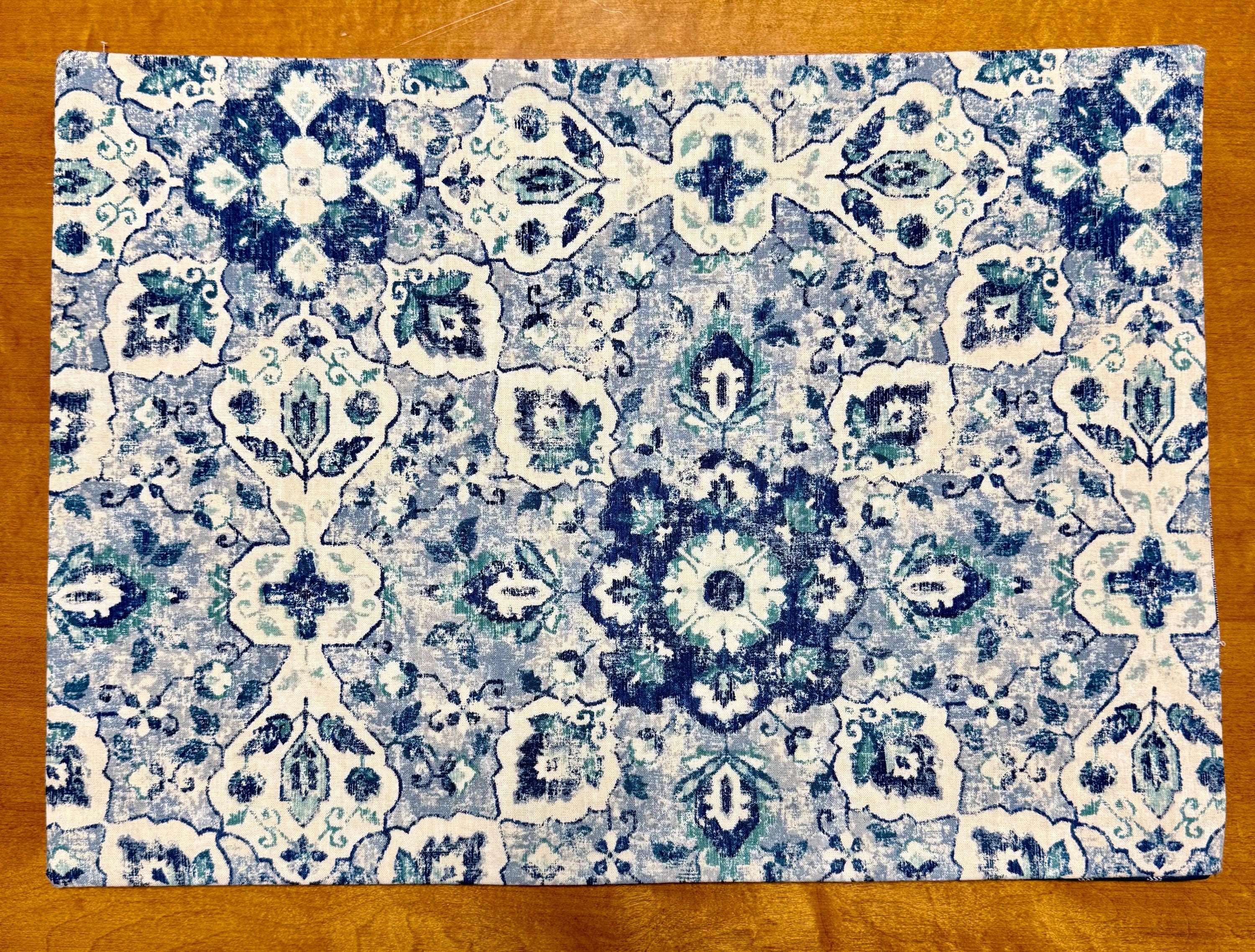 Set of Four Reversible Place Mats / Persian Geometric Florals / Navy Checkered Grid