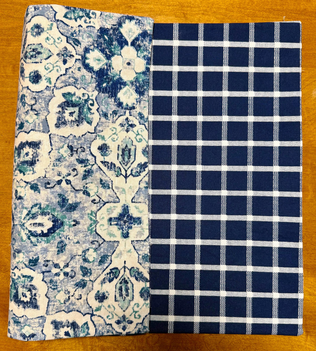 Set of Four Reversible Place Mats / Persian Geometric Florals / Navy Checkered Grid