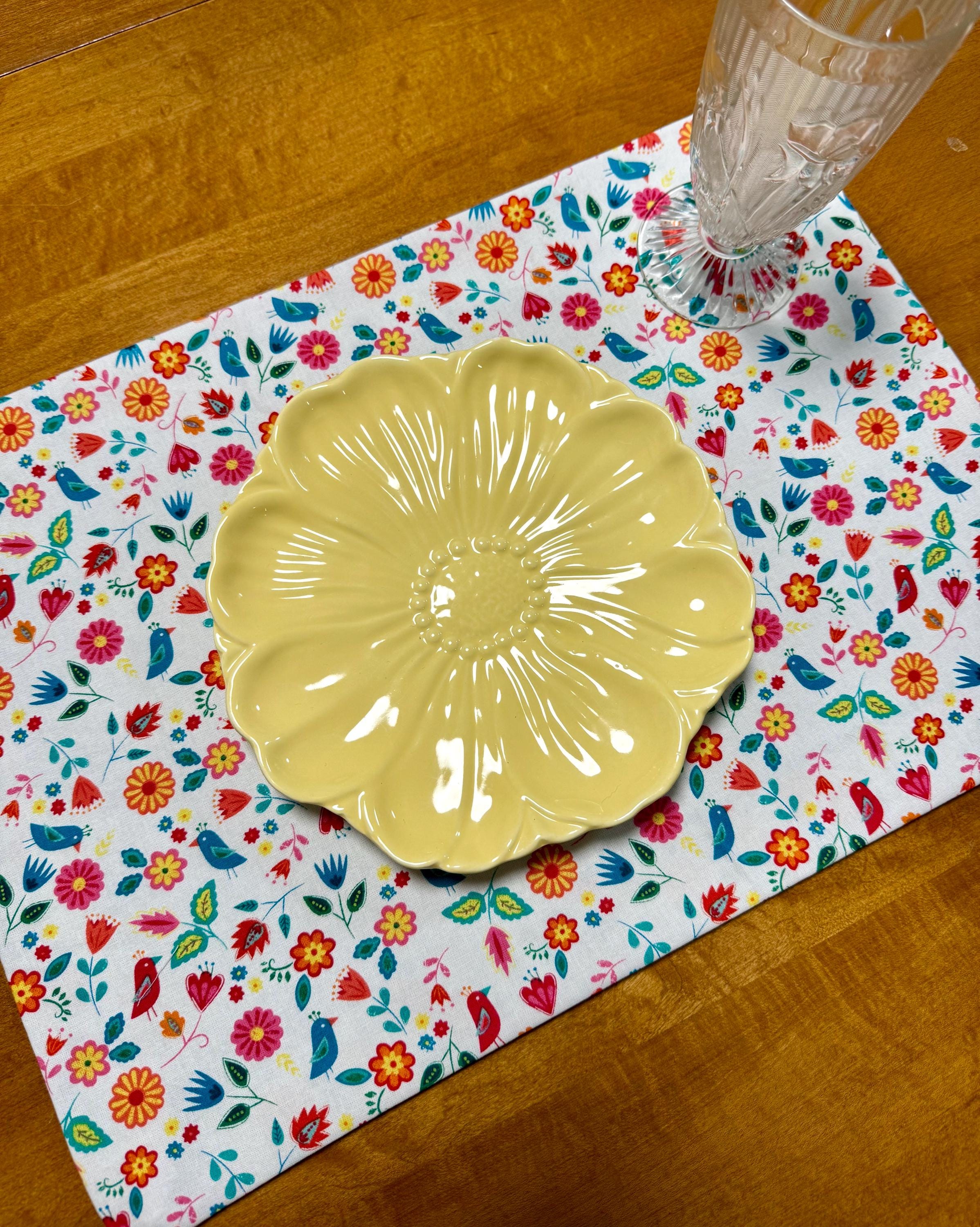 Set of Four Reversible Place Mats / Spring Birds and Flowers