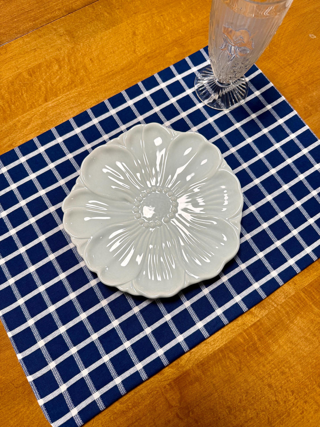 Set of Four Reversible Place Mats / Persian Geometric Florals / Navy Checkered Grid